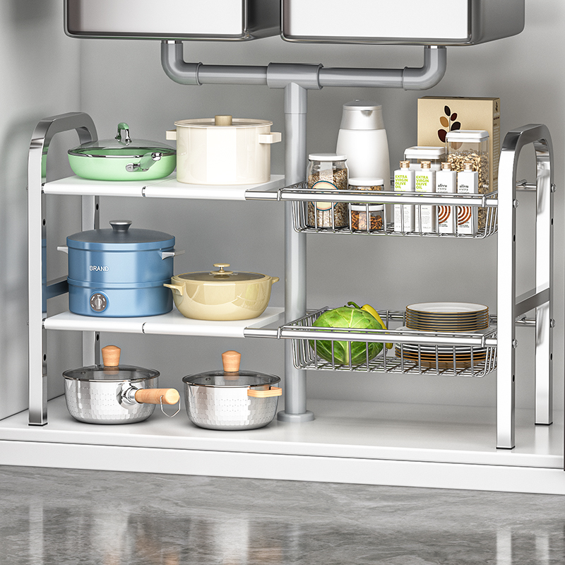 厨房下水槽置物架可伸缩橱柜内分层架锅架家用多功能锅具收纳架子