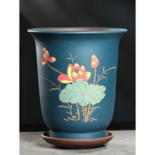 宜兴紫砂花盆高端兰花花盆专用盆兰草大口径君子兰花盆陶瓷带托盘