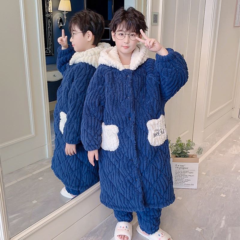 儿童睡衣男童男孩冬季三层夹棉y加厚款加绒珊瑚绒睡袍法兰绒家居