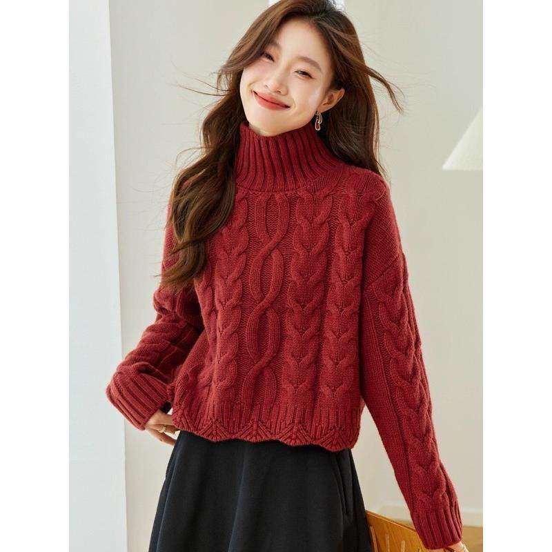 秋冬新款高领复古麻花短款针织衫套头毛衣女内搭红色加厚宽松上衣