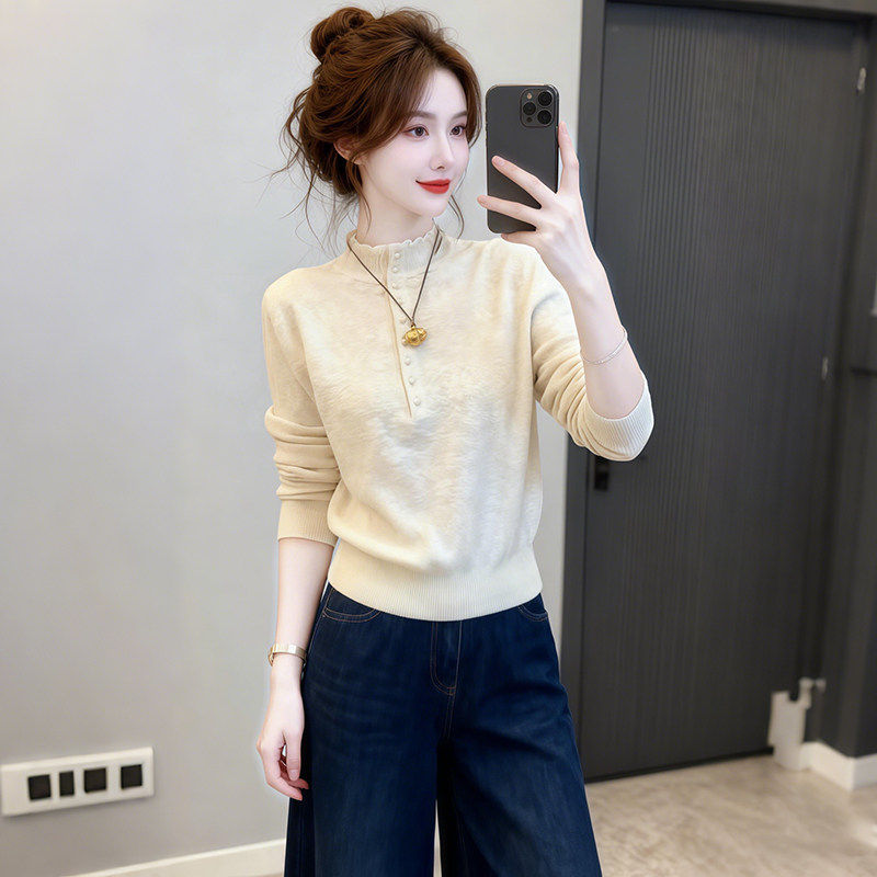 2025秋冬季加厚木耳边钉珠提花蕾丝毛针织衫宽松百搭温柔内搭上衣