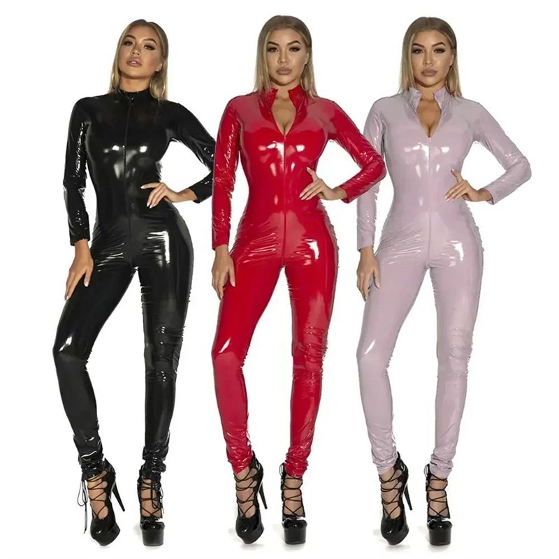 Sexy Hot Women Faux Leather Catsuit PVC Latex Bodysuit Front