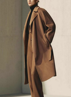 明星同款24年朗Z家纯羊绒松弛廓形长袖法式中长款双面呢大衣特价
