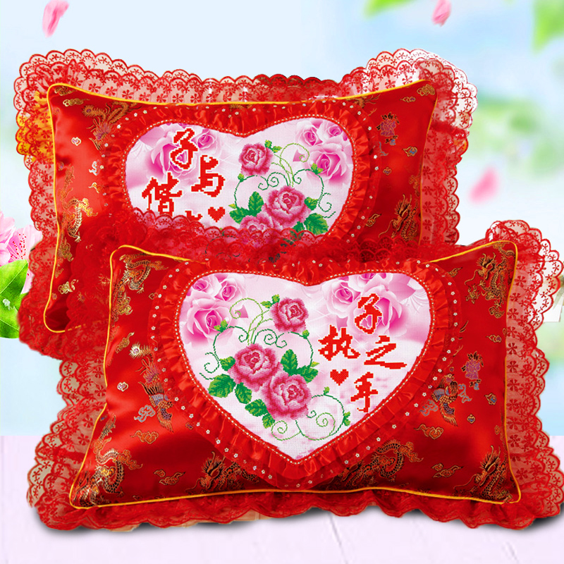 5D印花十字绣枕头套结婚款套件情侣卧室单人枕一对简单绣个性抱枕