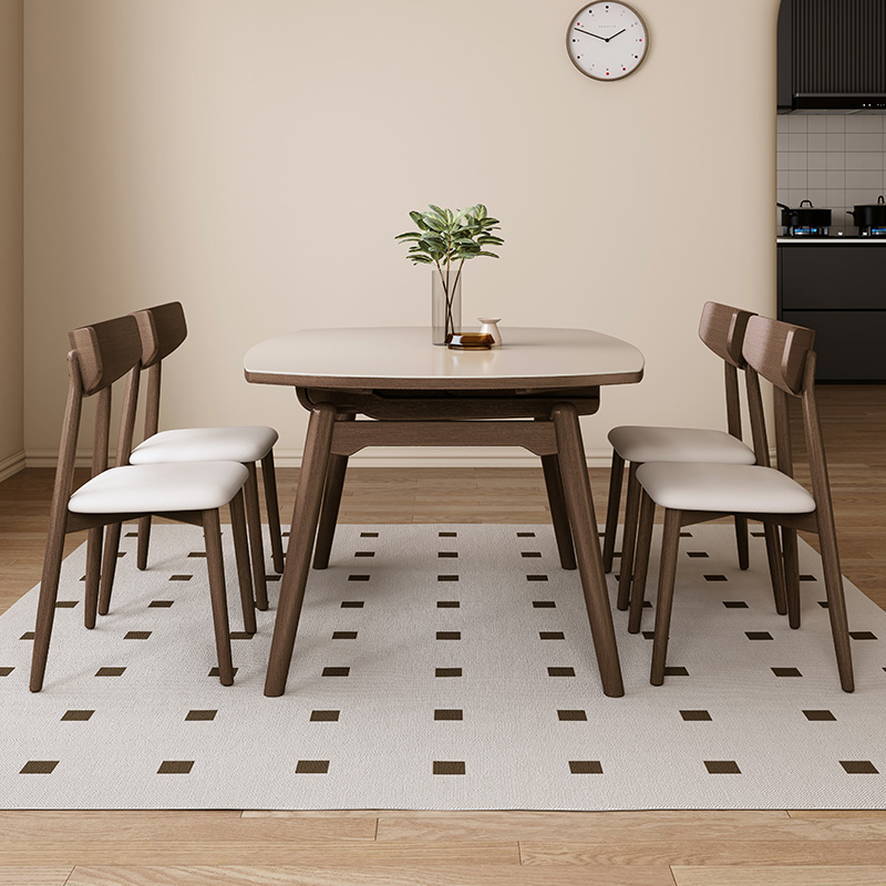 黑胡桃木色可伸缩实木岩板餐桌现代简约家用小户型原木风摺叠圆桌