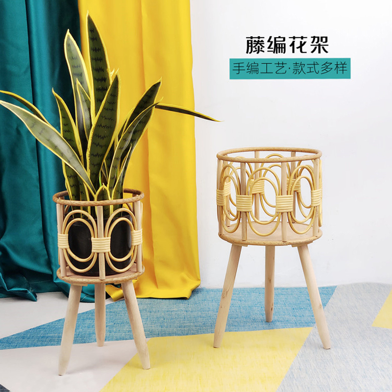 欧式藤编吊兰花架客厅室内编织花篮架子轻奢阳台实木花盆家用新款