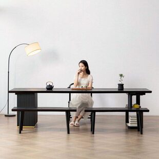 白蜡木碳化茶桌餐桌侘寂风黑色洽谈办公桌家用客厅实木简约泡茶桌