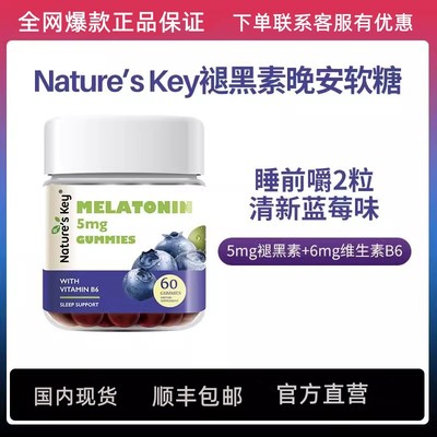 美国Nature'sKey褪黑素睡眠软糖维b6晚安成人60粒正品顺丰包邮