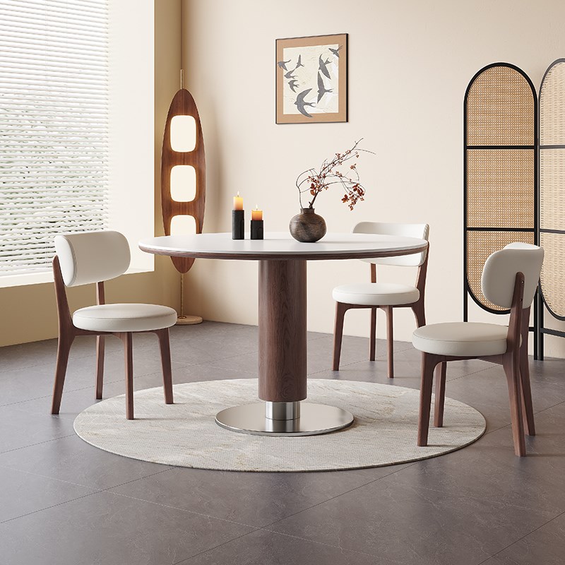 中古风圆桌家用小户型实木岩板餐桌椅组合设计师款复古圆形小餐桌