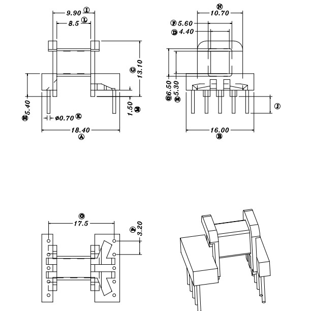 EE16高频变压器骨架磁芯单边加宽安规卧式5+5针 排距=17.5mm