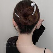 银色珍珠上弦月簪女夏季 半月金属挽发簪丸子头盘发头钗簪子 新中式