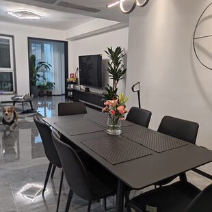 意式 8人极简 纯黑岩板餐桌长方形现代简约大小户型家用饭桌黑椅6