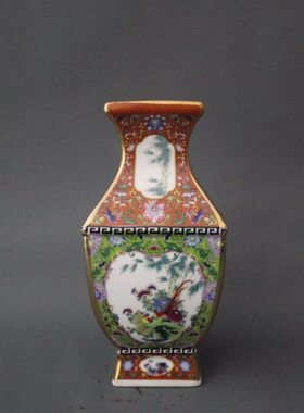 景德镇仿古瓷珐琅彩四方花鸟花瓶家居装饰展柜博古架摆件收藏做旧