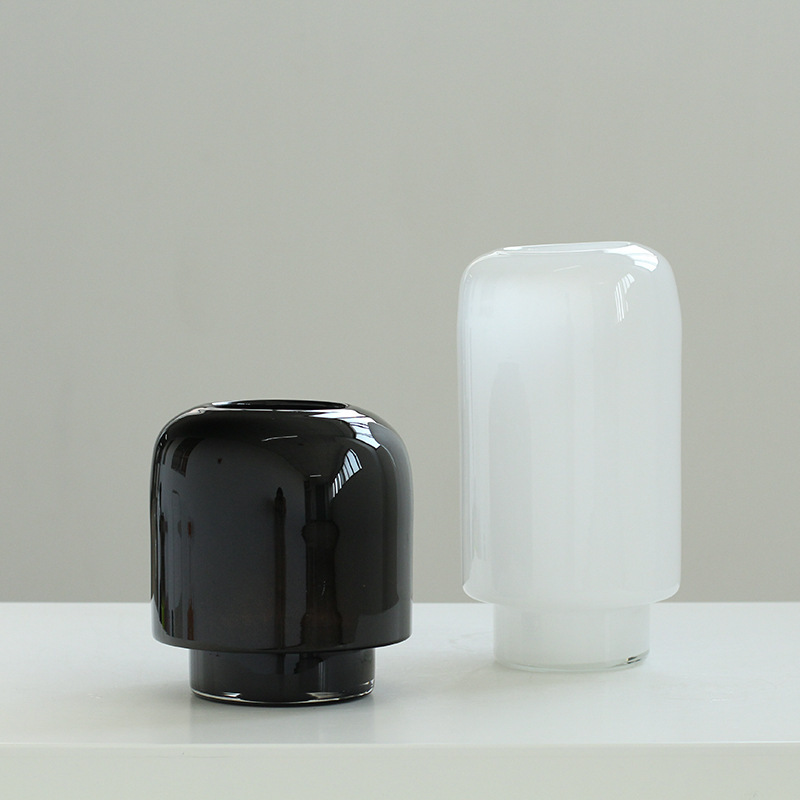 中古白瓷琉璃直筒花瓶宅寂风手工磁粉黑色厚底干花样板房轻奢摆件