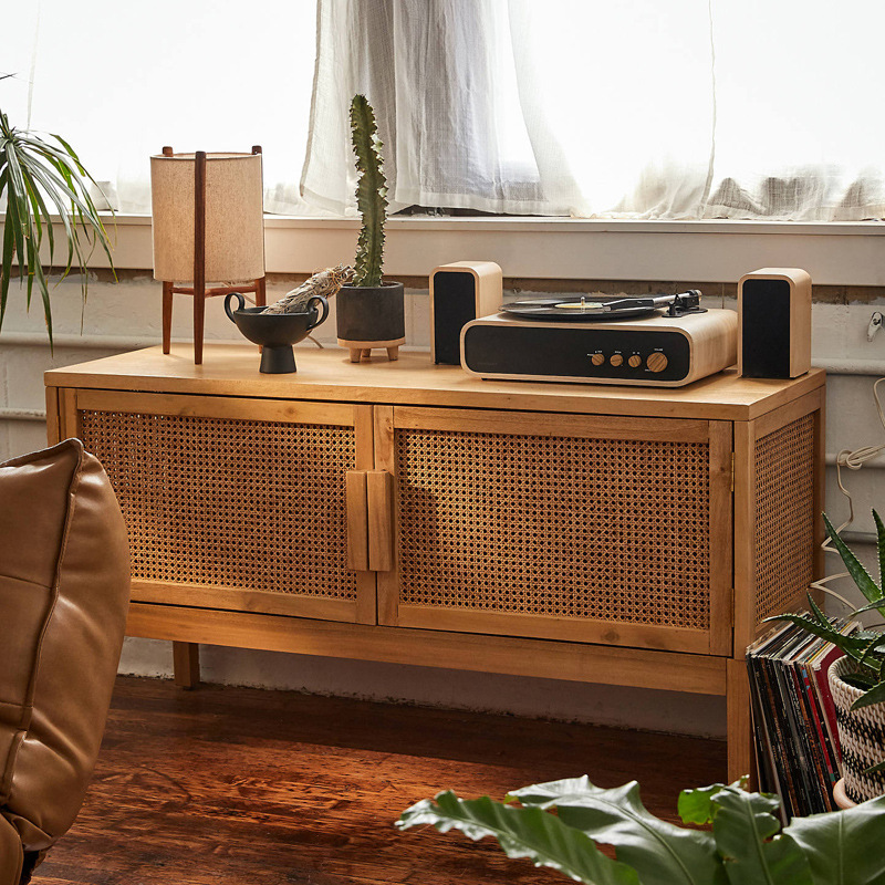 藤编全实木电视柜北欧后现代小户型客厅家具白蜡木平开门地柜