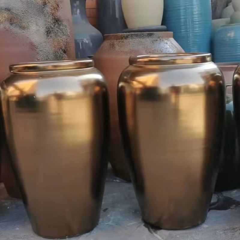 厂家陶瓷落地大号金属色酒店别墅样板间售楼部轻奢插花瓶摆件陶罐