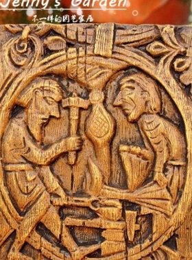 北欧复古仿木雕摆件 维京王国装饰 铁匠之心 花园壁挂板 古典花园