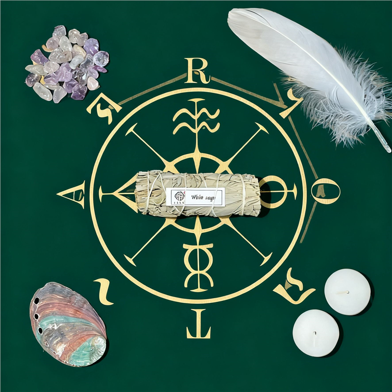 白鼠尾草净化摆件 塔罗开牌四元素 风火水土羽毛蜡烛贝壳天然水晶