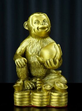 纯铜猴子摆件 抱桃子猴十二生肖猴工艺品摆设 招财客厅中式装饰品