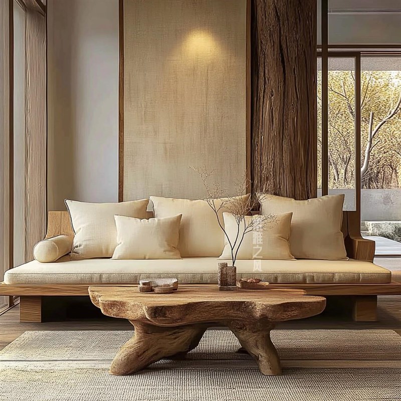 侘寂风原木自然边酒店沙发别x墅客厅民宿九点多人位沙发中古风实