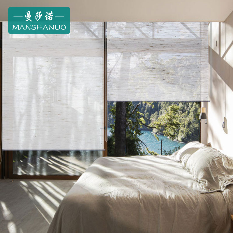 中式亚麻窗帘卷帘电动办公室遮阳帘E阳台落地窗玻璃透光拉珠式升
