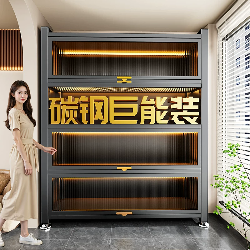 家用厨房置物架落地多层储物柜多功能防尘碳钢碗筷收纳橱柜餐边柜