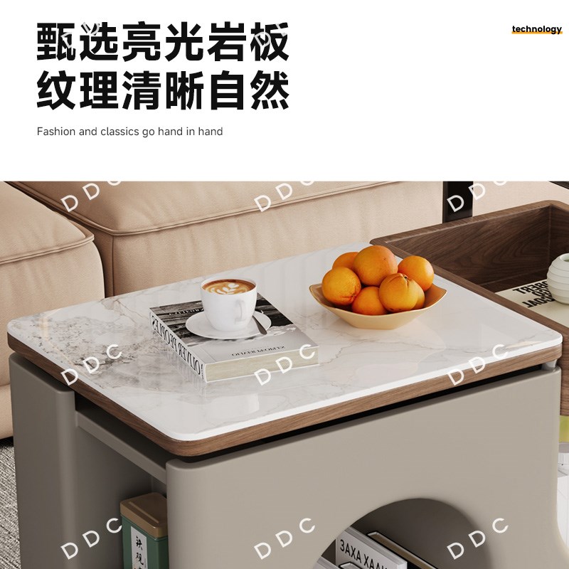 DDC意式极简岩板茶几可升降旋转移动小户型客厅储物多功能小推车