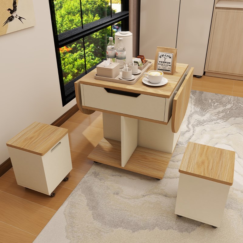 小户型折叠茶几带凳子组合多功能储物客厅家用可移动实木餐桌定制
