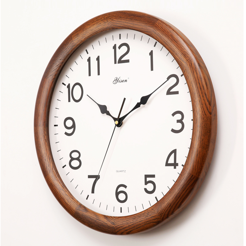 艺森客厅红橡实木挂钟现代简约卧室石英钟表静音中式时钟欧式挂表