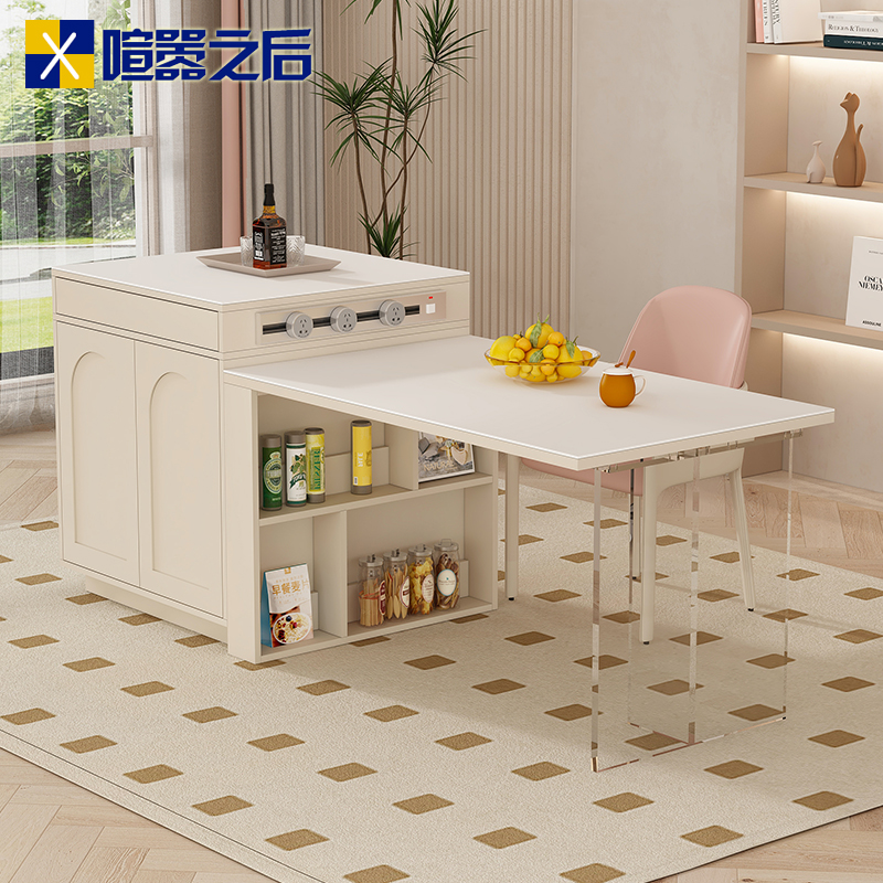 奶油风岩板岛台悬浮餐桌一体组合开放式厨房中岛台茶水桌吧台柜