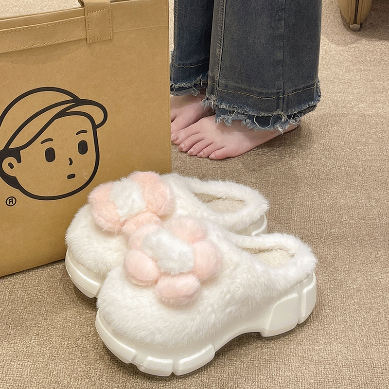 棉拖鞋女冬季外穿可爱花r朵松糕厚底增高室内居家毛绒保暖包头拖