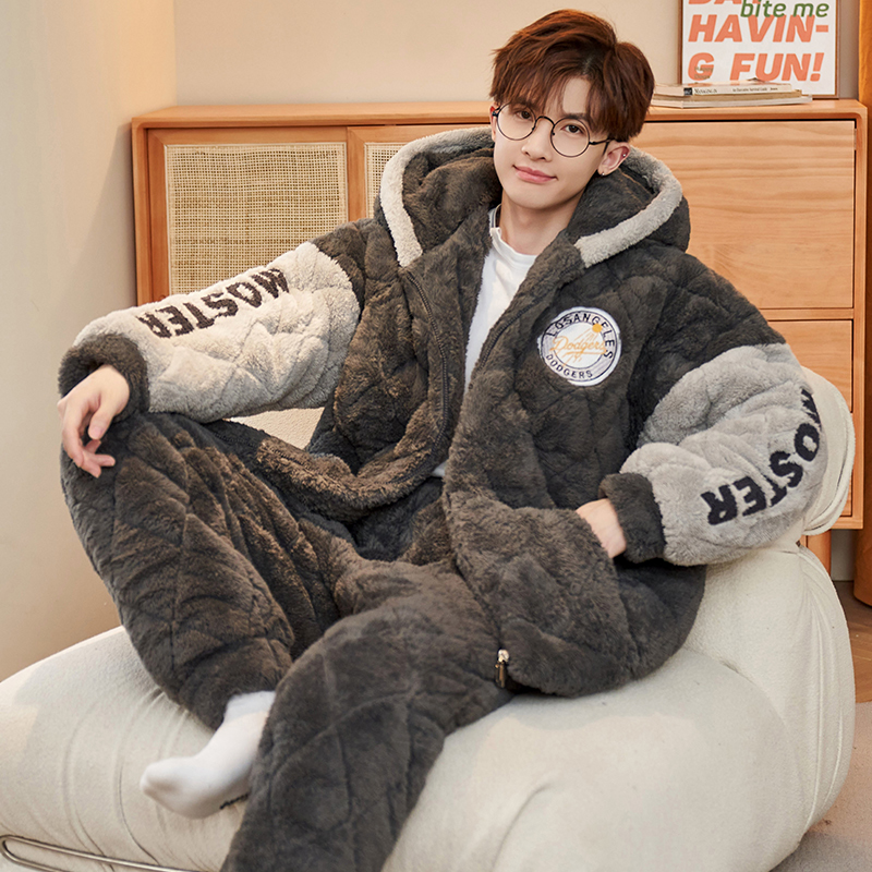 珊瑚绒睡衣男款冬款加绒三层夹棉青少年202N3新款家居服加厚款冬
