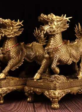 铜麒麟摆件一对全铜八宝麒麟卧室招财公母麒O麟店铺开业大号火麒