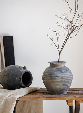 黑陶复古花d瓶粗陶简约艺术客厅桌面陶瓷摆件冬青干花装饰插花花