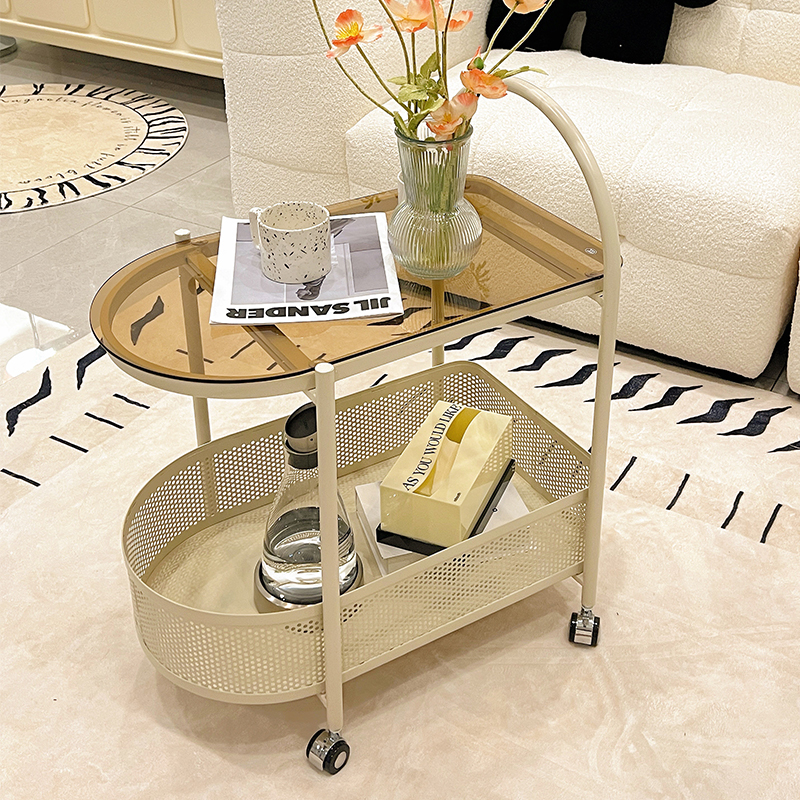 侘寂风客厅沙发边几可移动带轮小茶几收纳边桌小推车玻璃边柜角几