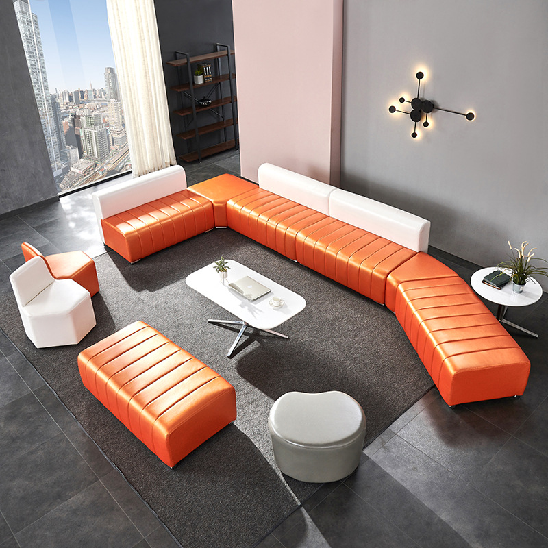 现代办公室皮艺沙发简约会客接待休息区茶几组合创意休闲异形套装