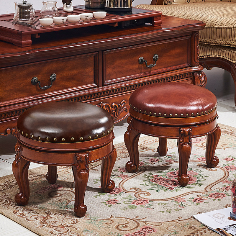 欧式茶几边凳实木沙发凳美式小圆凳客厅家用矮凳皮凳子坐墩搁脚踏