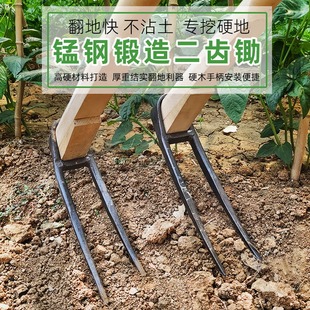 翻地锄头二齿挖地松土神器老式农用工具大全两齿耙子家用种菜开荒
