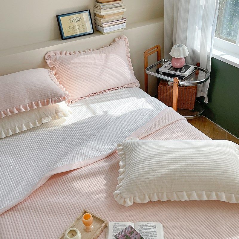 韩国花边款床盖三件套秋冬绗缝加厚加绒炕盖单件保暖厚软垫