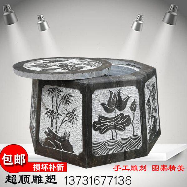 青石井口水井仿古八角形黑色大理石井圈梅兰竹菊浮雕庭院井台定做