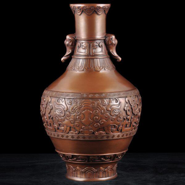紫铜象首耳龙纹瓶摆件中式铜花瓶插花博古架家居客厅玄关装饰品