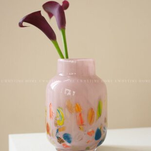 无为时间馆北欧彩色玉粉肌理桌面中古花瓶复古手工琉璃艺术插花器