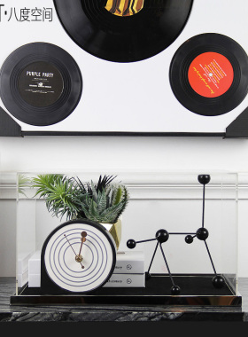 样板间书柜隔断置物架高档装饰品书架花L艺时钟现代抽象极简摆件