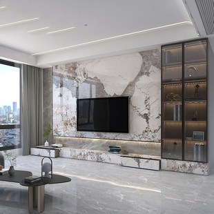 岩板电视背景墙客厅沙发202w4新款 大理石现代简约悬空影视墙木格