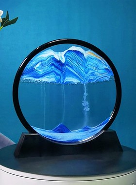 3D山水流沙画圆形玻璃工艺品沙漏创意礼品摆件