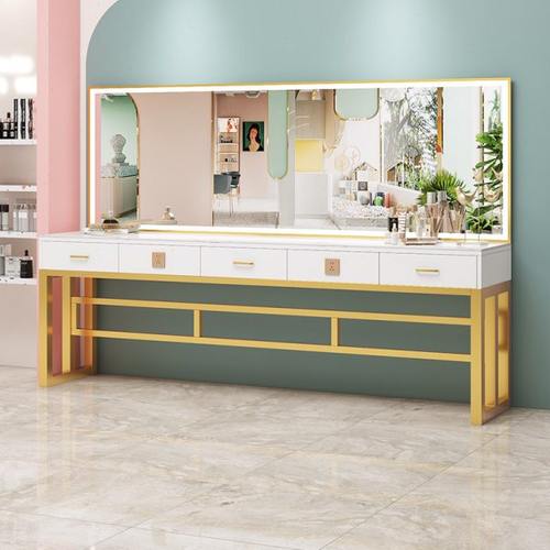 新款带抽屉化妆桌化妆镜化大理石面妆台学校专业影楼美妆桌带灯