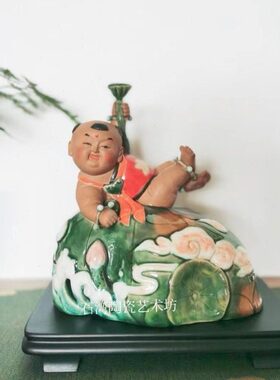 石湾陶瓷连生贵子工艺摆件招财中式家居喜庆二胎装饰品莲藕童子