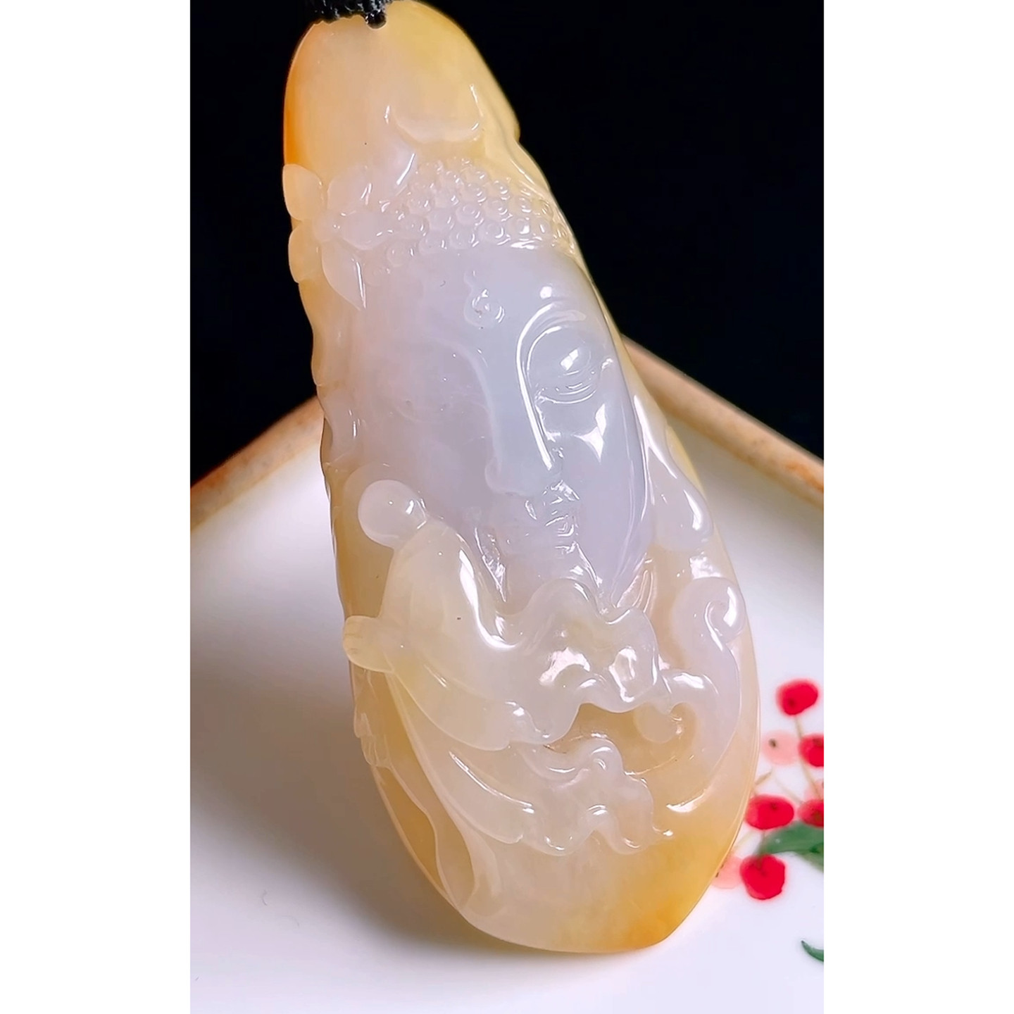 缅甸天然A货玉石翡翠 老坑冰种手工精雕黄翡悟道吊坠