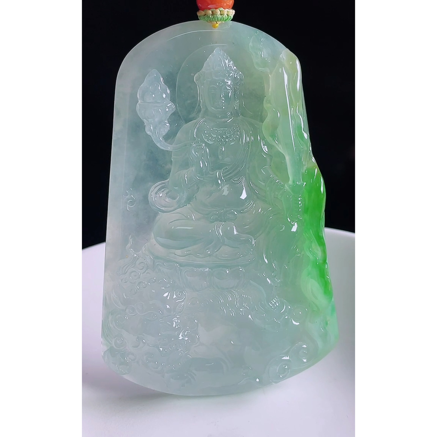 缅甸天然A货玉石翡翠 老坑冰种手工精雕飘绿文殊菩萨吊坠