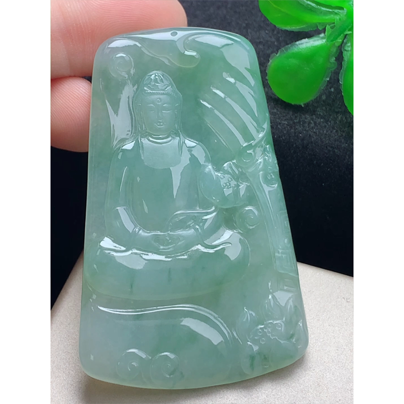 缅甸天然A货玉石翡翠 老坑冰种 手工精雕  大势至菩萨牌吊坠